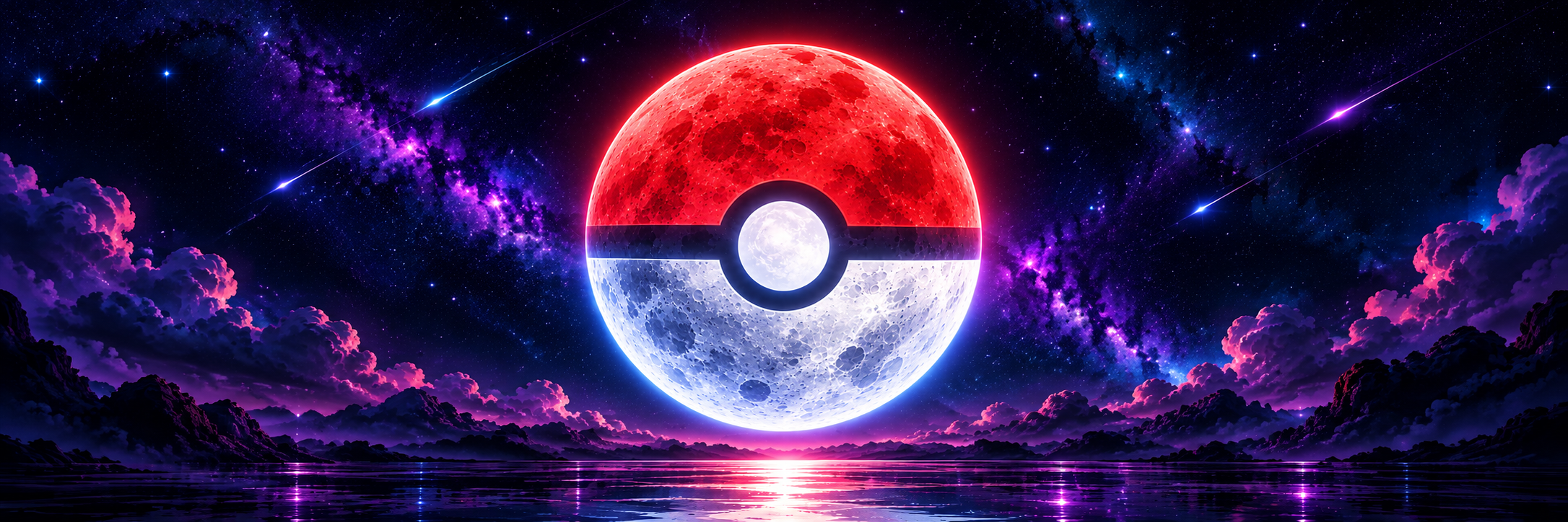 Cinematic panorama of the PokeMoon sphere above a reflective cosmic lake under violet nebula skies